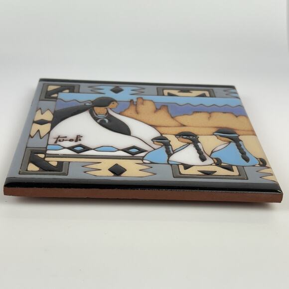 Vtg Earthtones Southwestern Trivet Tile by Tu-ofi Woman And Children Blue 6"x6" - Picture 4 of 10